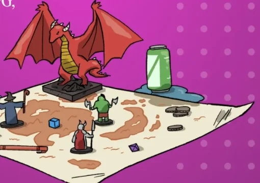 Mesa de RPG com dragão, miniaturas e mapa