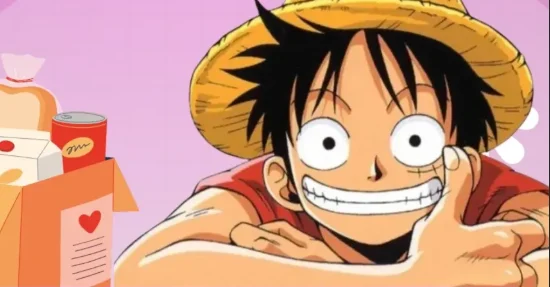 Luffy sorrindo ao lado de uma caixa de doação de alimentos